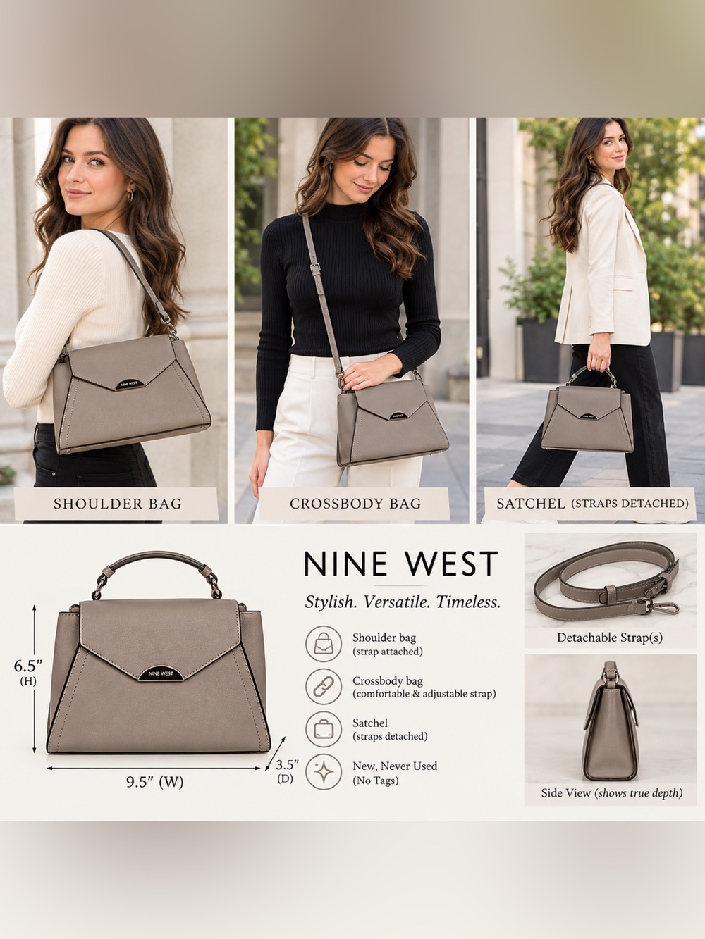 Nine West Michel Satchel Crossbody Purse Bag Taupe NWOT